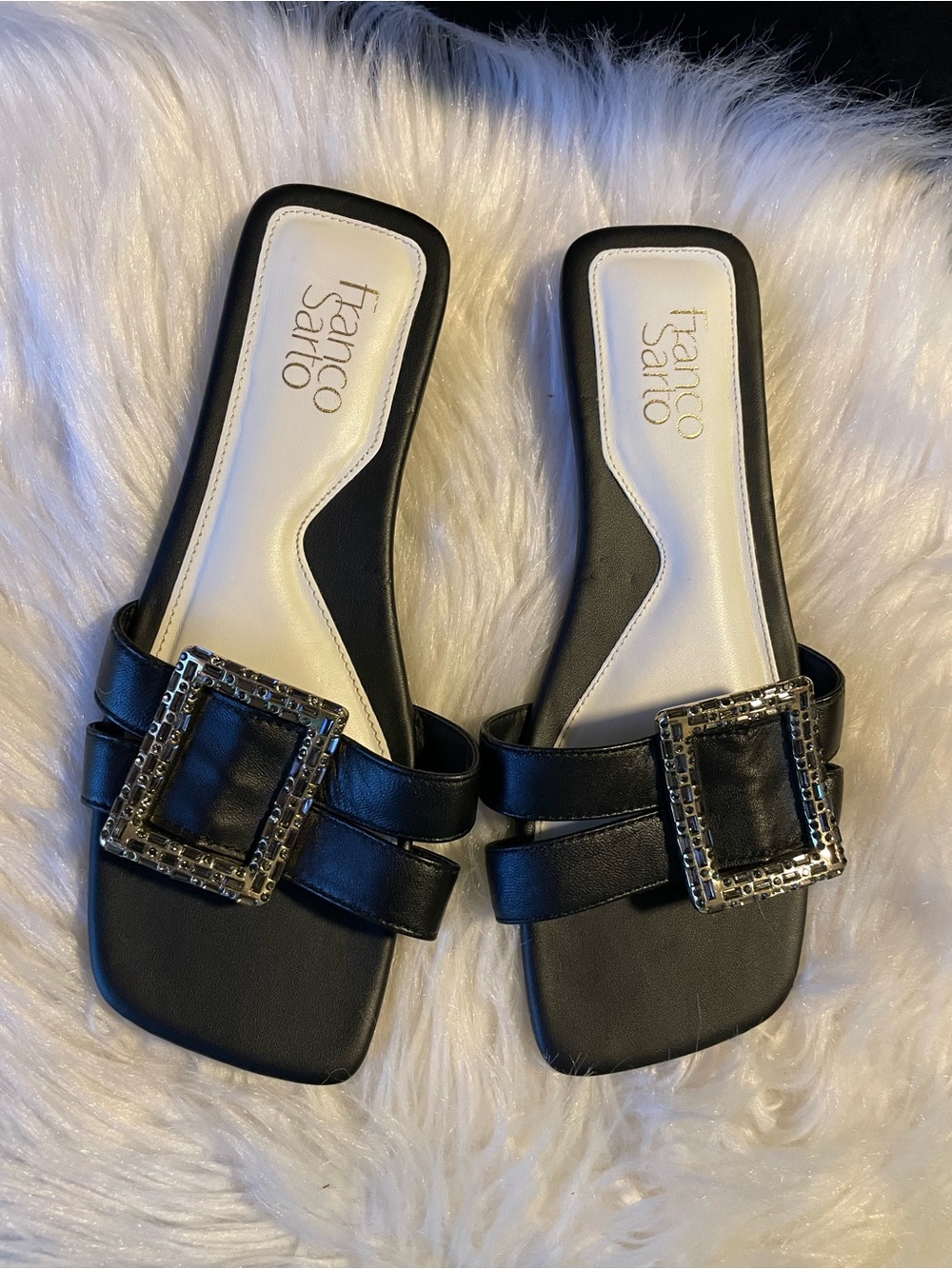 Franco Sarto Black Slide Mules with Crystal Buckle
